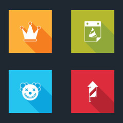 Set Crown, Calendar party, Clown head and Firework rocket icon. Vector