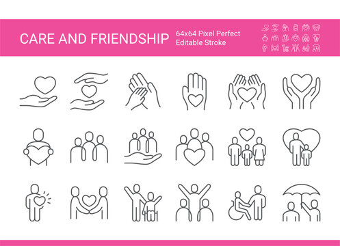 Icon set of care and friendship. Editable vector stroke. Pixel perfect.