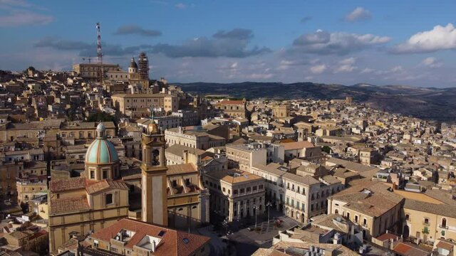 sweeping right aerial shot of town of Caltagirone Sicily