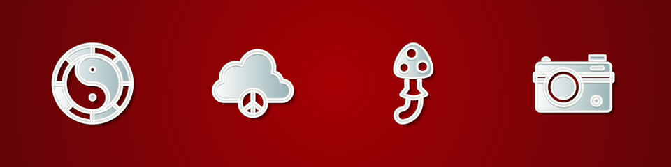 Set Yin Yang symbol, Peace cloud, Psilocybin mushroom and Photo camera icon. Vector