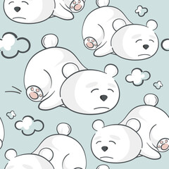 Vector seamless pattern with cute sleepy polar bear and decorative clouds on a blue background. Tired polar animal with closed eyes. Element for the children's cards, textile products, clothes design.