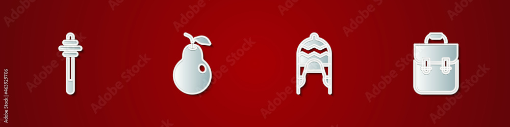 Sticker Set Honey dipper stick, Pear, Winter hat and School backpack icon. Vector