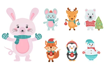 Zelfklevend Fotobehang Speelgoed Set kerst schattige dieren, sneeuwmannen karakter.