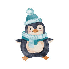 Cute watercolor penguin in Christmas hat and scarf. Kids cartoon New Year illustration with cute penguin for greeting card, sticker and invitation. Christmas animal isolated on white.