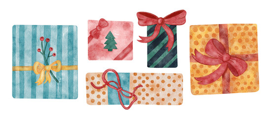 Set of Christmas gifts on isolated white background. Watercolor presents with bows hand drawn illustration collection