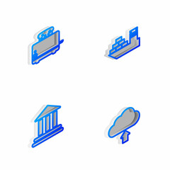 Set Isometric line Cargo ship, Toaster with toasts, Bank building and Cloud upload icon. Vector