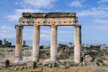 Fototapeta na wymiar Title: Roman gladiator tombs found in ancient city ruins of Hierapolis, Pamukkale, Denizli, Turkey