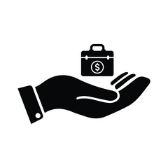 Business, briefcase, hand bag icon. Black vector graphics.