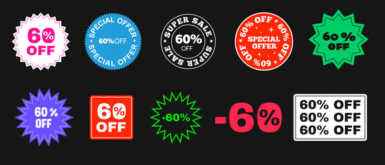 60% Off Offer Price Tag Sticker. Special Offer Badge Elements. Cool Trendy Promo Sale Banner. Discount promotion.