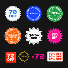 70% Off Discount Sale Offer Sticker Collection. Promotion Elements Vector Design.