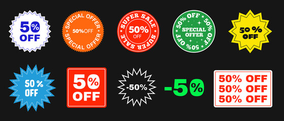 Set of 50% Off Sticker, Patch, Pin Icons Vector Design. Special Offer Badge Elements. Cool Trendy Promo Sale Price Tag. Discount promotion.