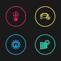 Set line Solar energy panel, and sun, Hydrogen car and Light bulb with wind turbine icon. Vector