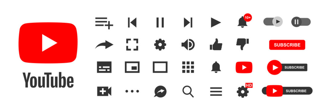 Youtube interface set icons. Subscribe button vector.