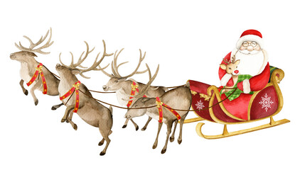 Watercolor Santa Claus and cute deer