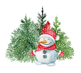 Cute snowman, winter tree and snow