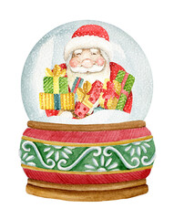 Watercolor snow globe with Santa Claus