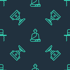 Set line Buddhist monk, Christian chalice and Orthodox jewish hat with sidelocks on seamless pattern. Vector