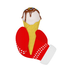 3d ice cream cone in a knitted red mitten, isolated on white background, 3d illustration