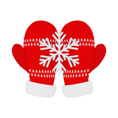 3d knitted red mittens hold a snowflake, isolated on white background, 3d illustration