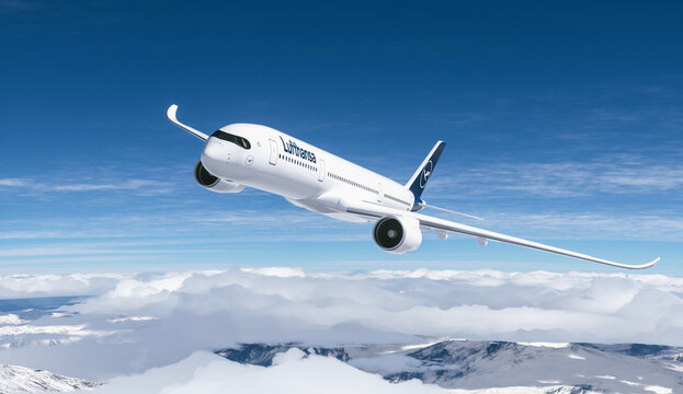 Lufthansa commercial Aeroplane flying in the sky above the mountains
