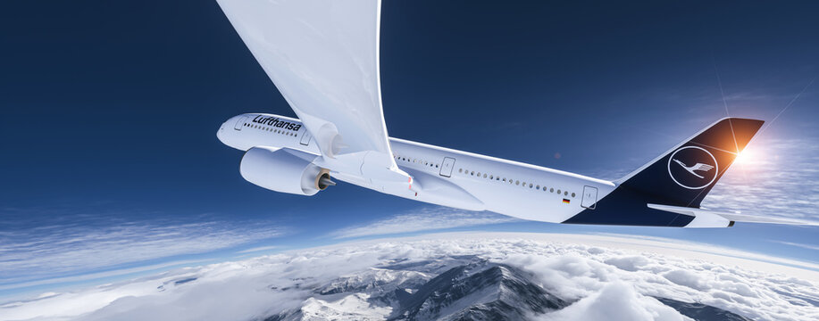 Lufthansa commercial Aeroplane flying in the sky above the mountains