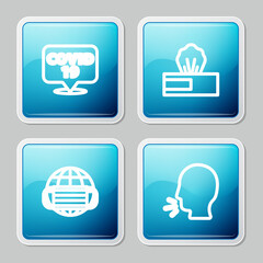 Set line Corona virus on location, Wet wipe pack, Earth with medical mask and Man coughing icon. Vector