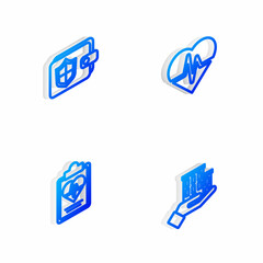 Set Isometric line Health insurance, Wallet with shield, and House icon. Vector