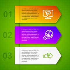 Set line Flag, Hand holding Earth globe and with pointing finger. Business infographic template. Vector