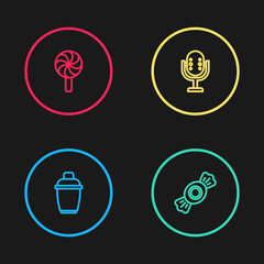 Set line Cocktail shaker, Candy, Microphone and Lollipop icon. Vector