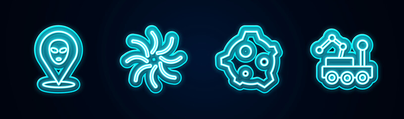 Set line Alien, Black hole, Asteroid and Mars rover. Glowing neon icon. Vector © vector_v
