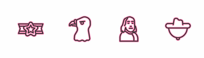 Set line Star American military, Benjamin Franklin, Eagle head and Western cowboy hat icon. Vector