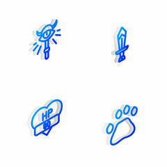 Set Isometric line Sword for game, Magic staff, Video bar and Bear paw footprint icon. Vector