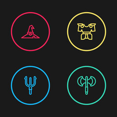 Set line Neptune Trident, Medieval poleaxe, Body armor and Witch hat icon. Vector