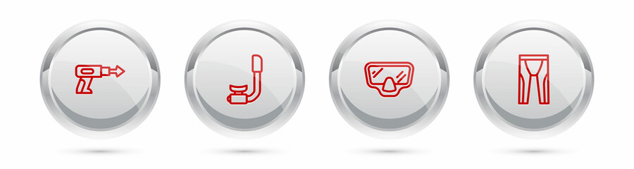 Set line Fishing harpoon, Snorkel, Diving mask and Wetsuit for scuba diving. Silver circle button. Vector