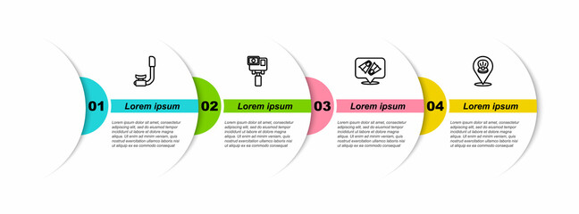 Set line Snorkel, Action extreme camera, Flippers for swimming and Scallop sea shell. Business infographic template. Vector