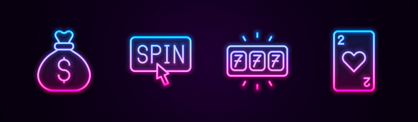 Set line Money bag, Slot machine spin button, with jackpot and Playing card heart. Glowing neon icon. Vector