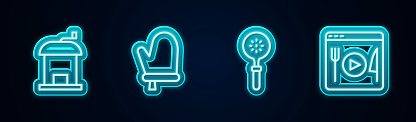 Set line Manual coffee grinder, Oven glove, Spatula and Cooking live streaming. Glowing neon icon. Vector