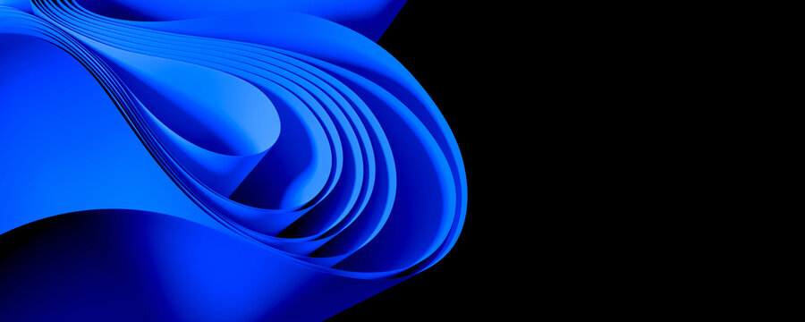 background with curved blue paper sheets isolated on black