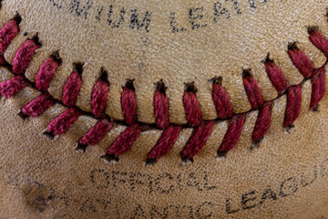 close-up of worn game baseball and stitching sports background macro with high detail and filling...