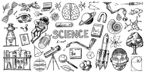 Science banner. Engraved hand drawn in old sketch and vintage style. Astronaut and rocket. Scientific formulas and calculations in physics and mathematics and biology or astronomy on whiteboard.