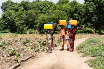 Group of black African children with heavy water canisters on their heads on a sunlit sandy path in...