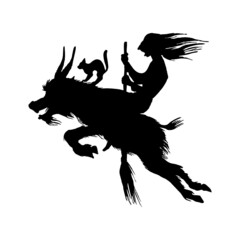Witch flies with a broom and a goat. Ancient mythical Magic silhouette. Engraved monochrome sketch. Hand drawn vintage old Fortune illustration.