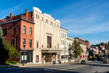 Bangor, ME - USA - Oct. 12, 2021: Three quarter view of the  Penobscot Theatre Company on Main Street. Built in 1920 and is an early example of Art Deco/Egyptian Revival architecture.