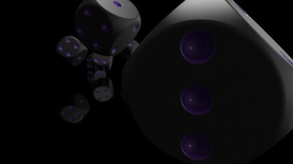 Rolling black-purple dices under black-white flash background. 3D CG. 3D illustration. 3D high quality rendering.