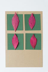 autumn leaves arranged on green paper squares