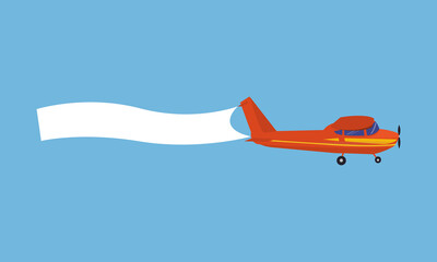 Airplane banner illustration. Colored aeroplane with banner isolated on light blue backfround. Advertisement related image. Vector illustration