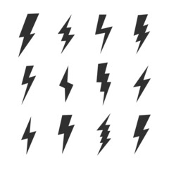 Set of 12 Lightning flat icons. Thunderbolts icons isolated on white background. Vector illustration