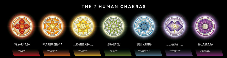 Chakra symbols set with affirmations. Perfect for kinesiology practitioners, massage therapists, reiki healers, yoga studios or your meditation space.