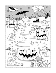 Fototapeta premium Halloween witch's hat dot-to-dot picture puzzle and coloring page with young witch chasing her hat lost at the pumpkin field. Answer included. 