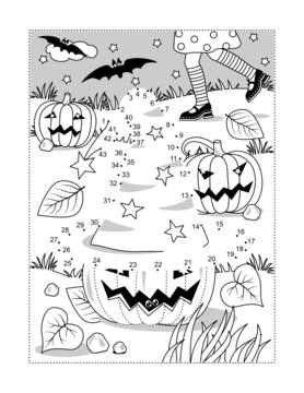 Halloween witch's hat dot-to-dot picture puzzle and coloring page with young witch chasing her hat lost at the pumpkin field. Answer included.
